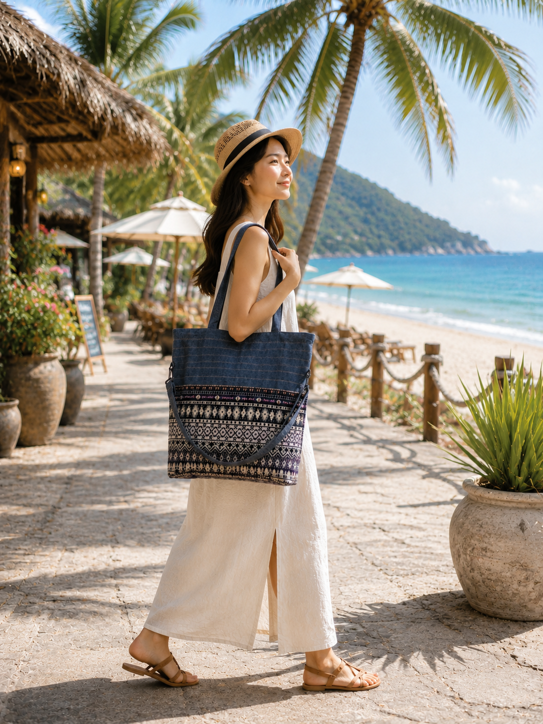 Thai Cotton Boho Tote Bag – Large 18" Convertible Shoulder & Crossbody Bag with Zipper