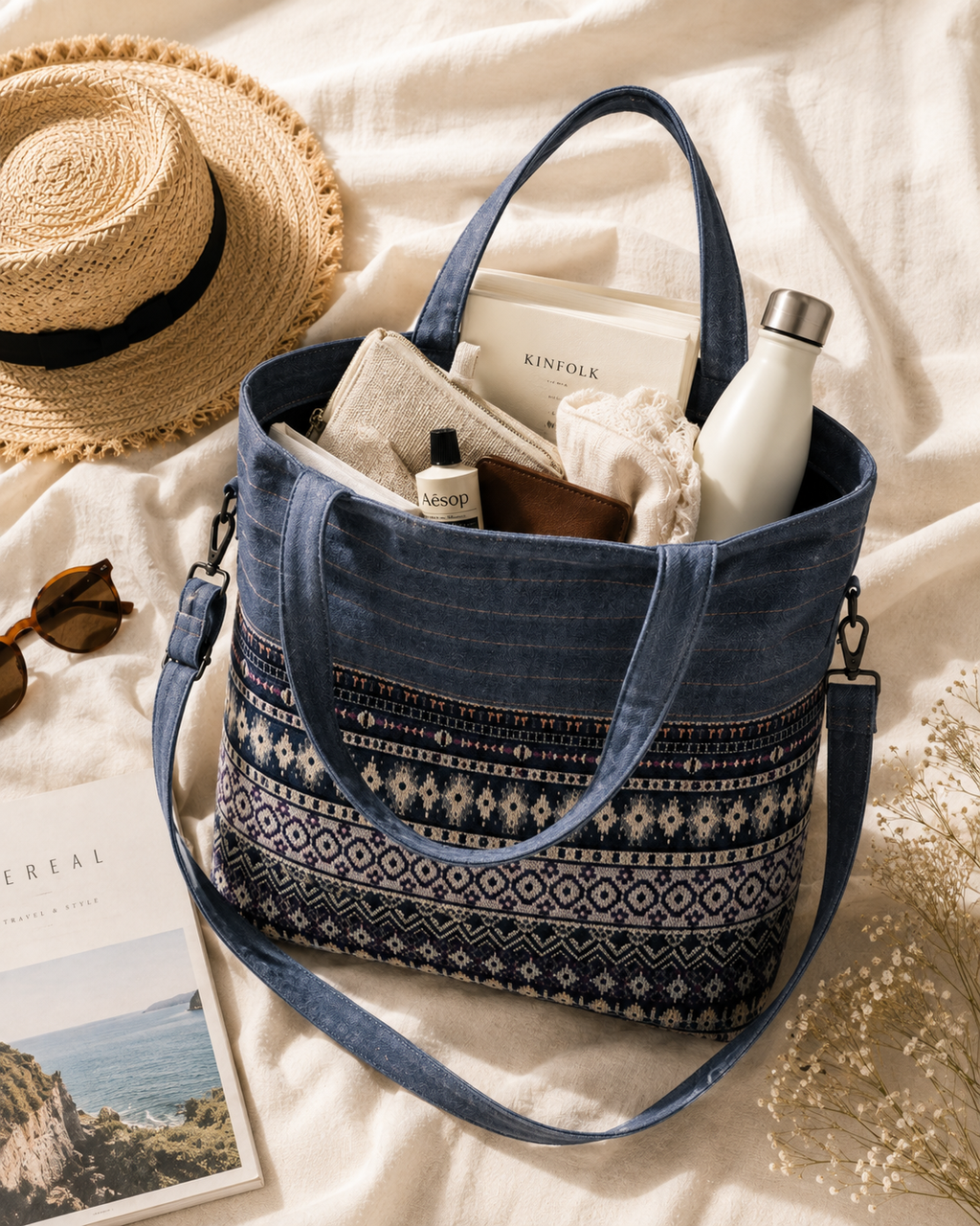 Thai Cotton Boho Tote Bag – Large 18" Convertible Shoulder & Crossbody Bag with Zipper