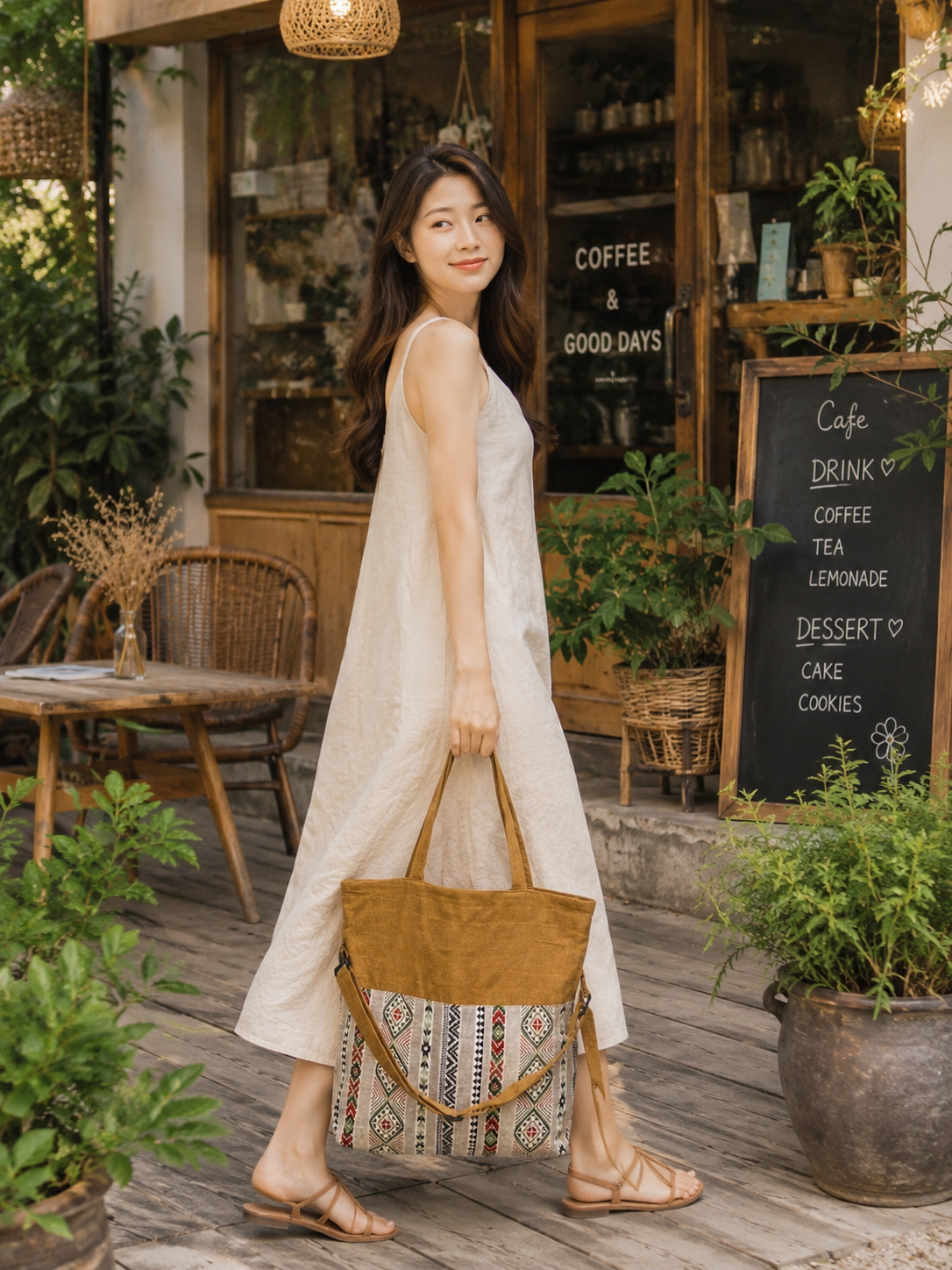 Thai Cotton Boho Tote Bag – Large 18" Convertible Shoulder & Crossbody Bag with Zipper