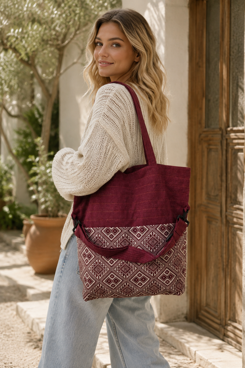 Thai Cotton Boho Tote Bag – Large 18" Convertible Shoulder & Crossbody Bag with Zipper
