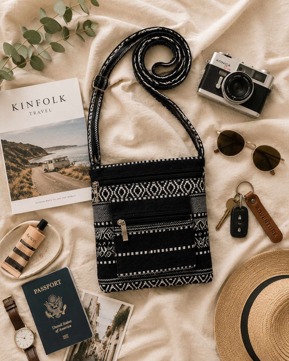 Thai Woven Cotton Crossbody Bag – Lightweight Multi-Pocket Adjustable Shoulder Bag