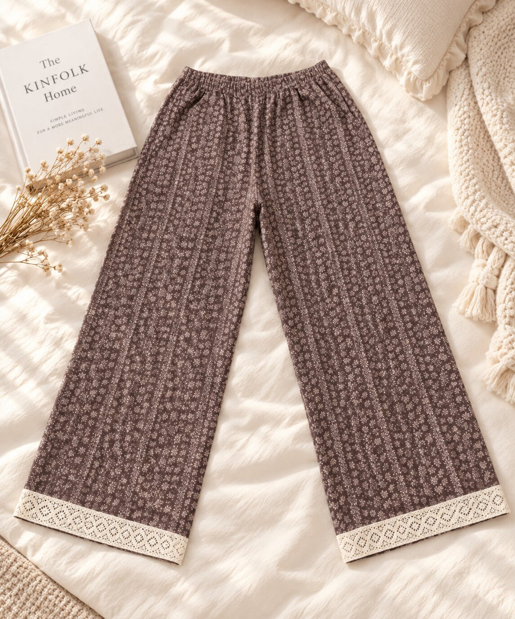 Full front view of LP-02 chocolate brown floral straight-leg pajama pants