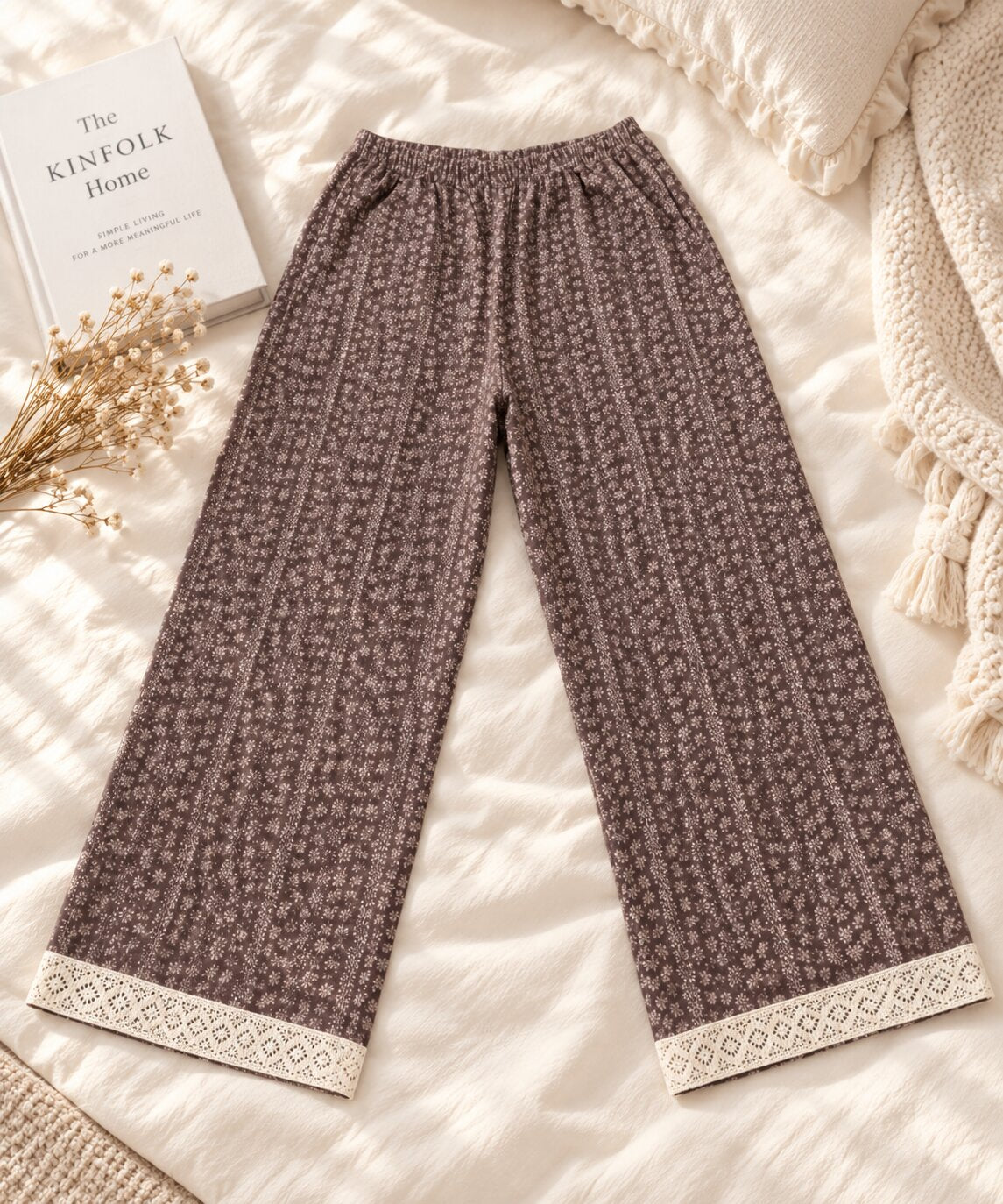 Full front view of LP-02 chocolate brown floral straight-leg pajama pants