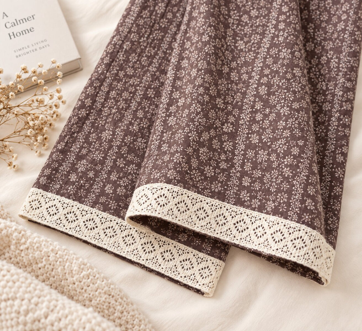 Close-up of LP-02 chocolate brown floral pajama pants with cream trim