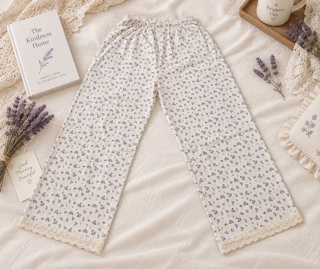 Full view of LP-03 ivory lavender floral straight-leg pajama pants
