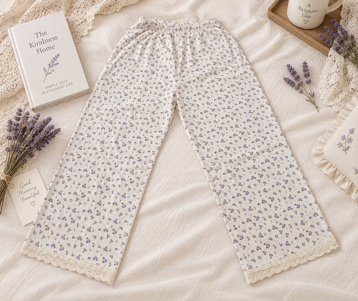 Full view of LP-03 ivory lavender floral straight-leg pajama pants