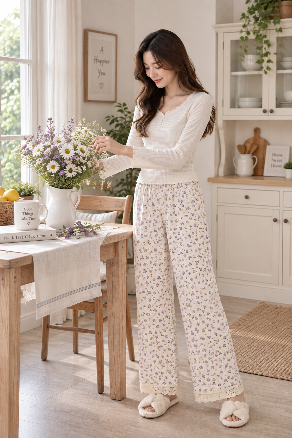 Model wearing LP-03 ivory lavender floral straight-leg pajama pants