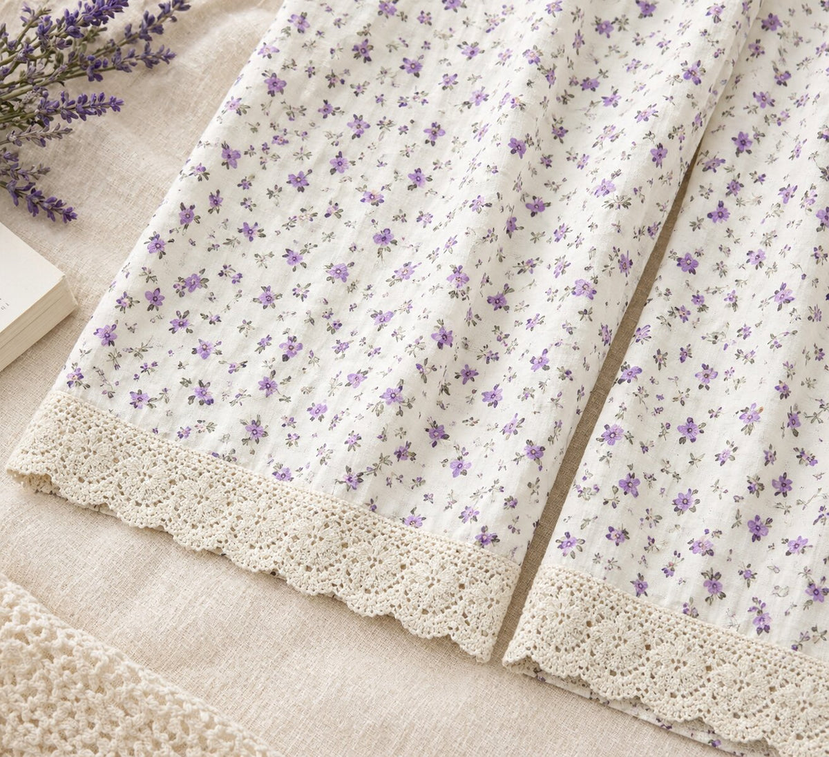 Close-up of cream lace trim on LP-03 ivory floral pajama pants