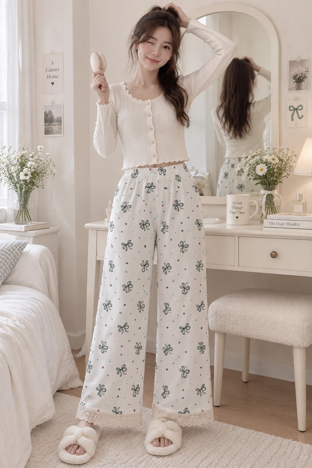 Close-up of cream lace trim on LP-04 ivory bow print pajama pants