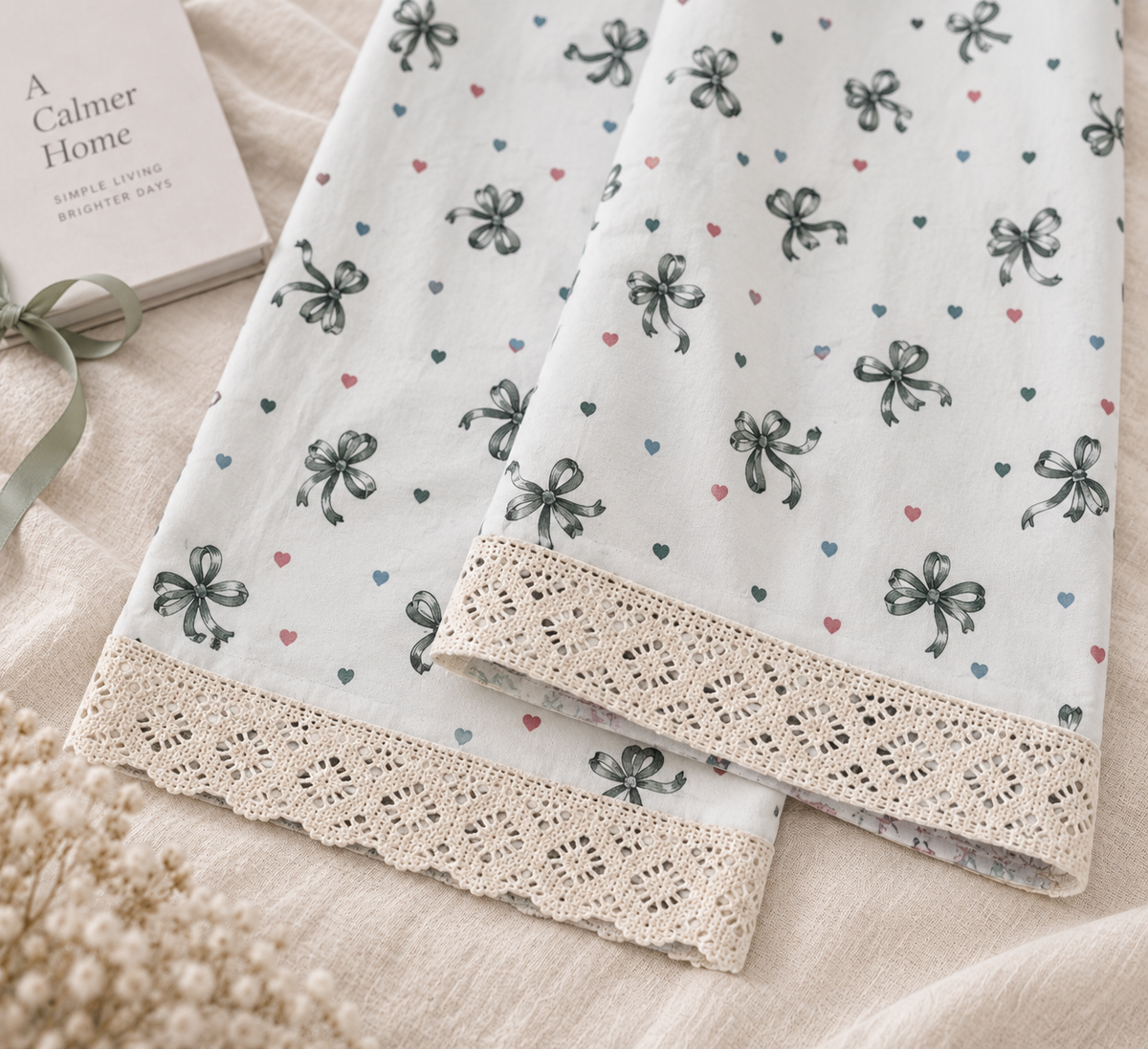 Full view of LP-04 ivory bow and heart straight-leg pajama pants