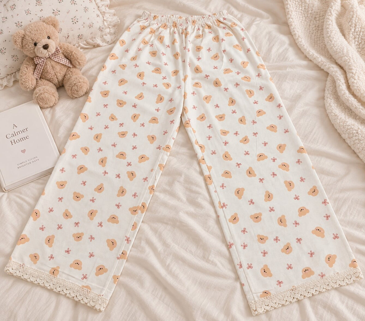 Full view of LP-05 ivory teddy bear and pink bow pajama pants