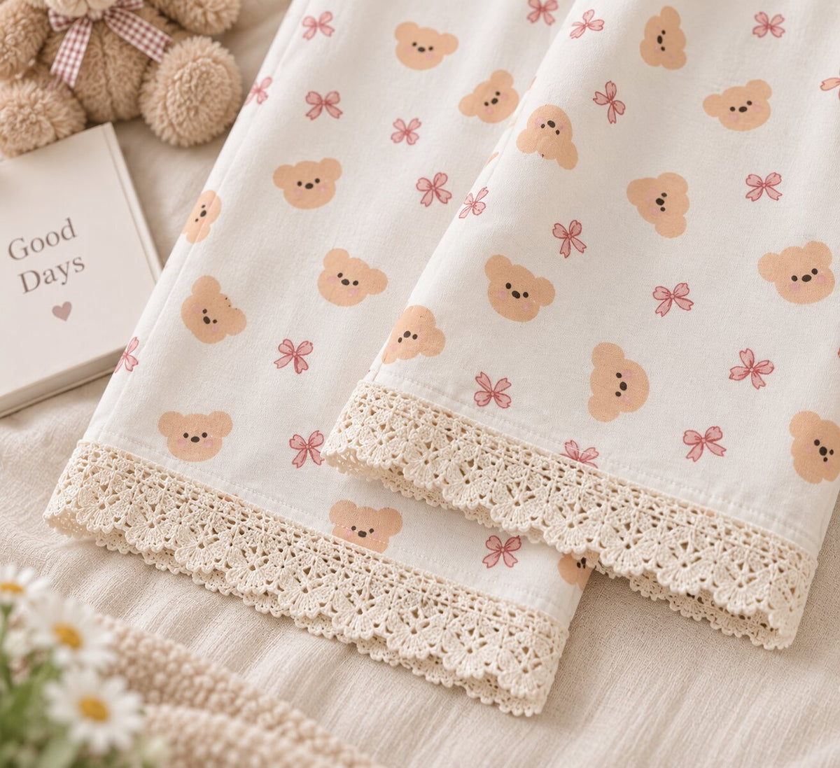 Close-up of cream lace trim on LP-05 ivory teddy bear pajama pants