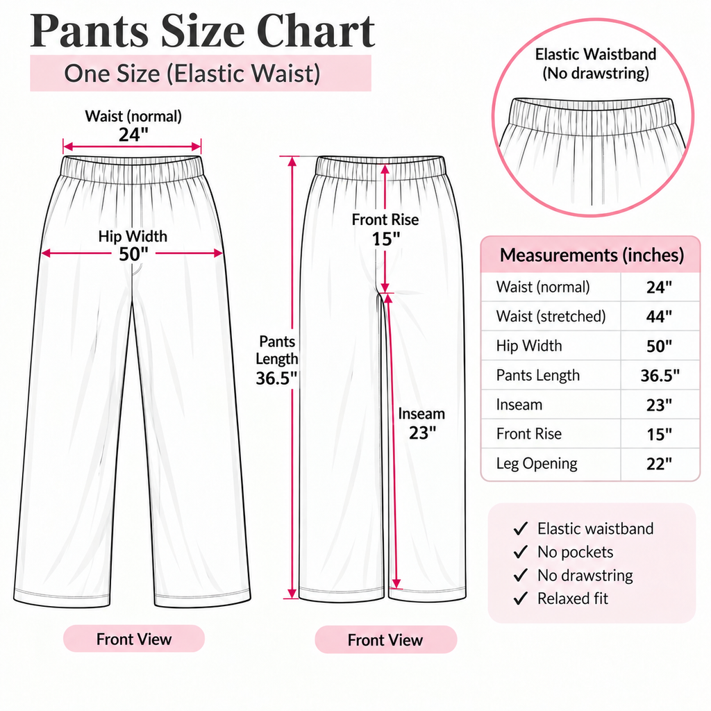 LP-06 one-size pajama pants measurement chart in inches