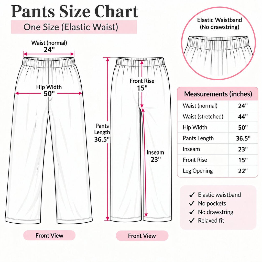 LP-08 one-size pajama pants measurement chart in inches