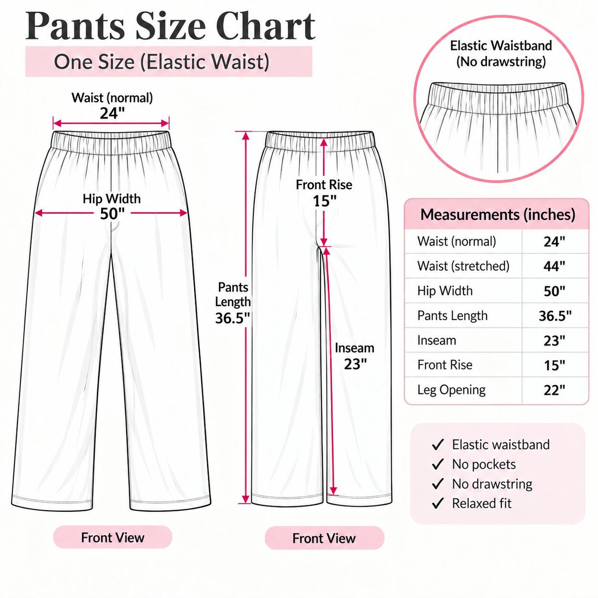 LP-03 one-size pajama pants measurement chart in inches