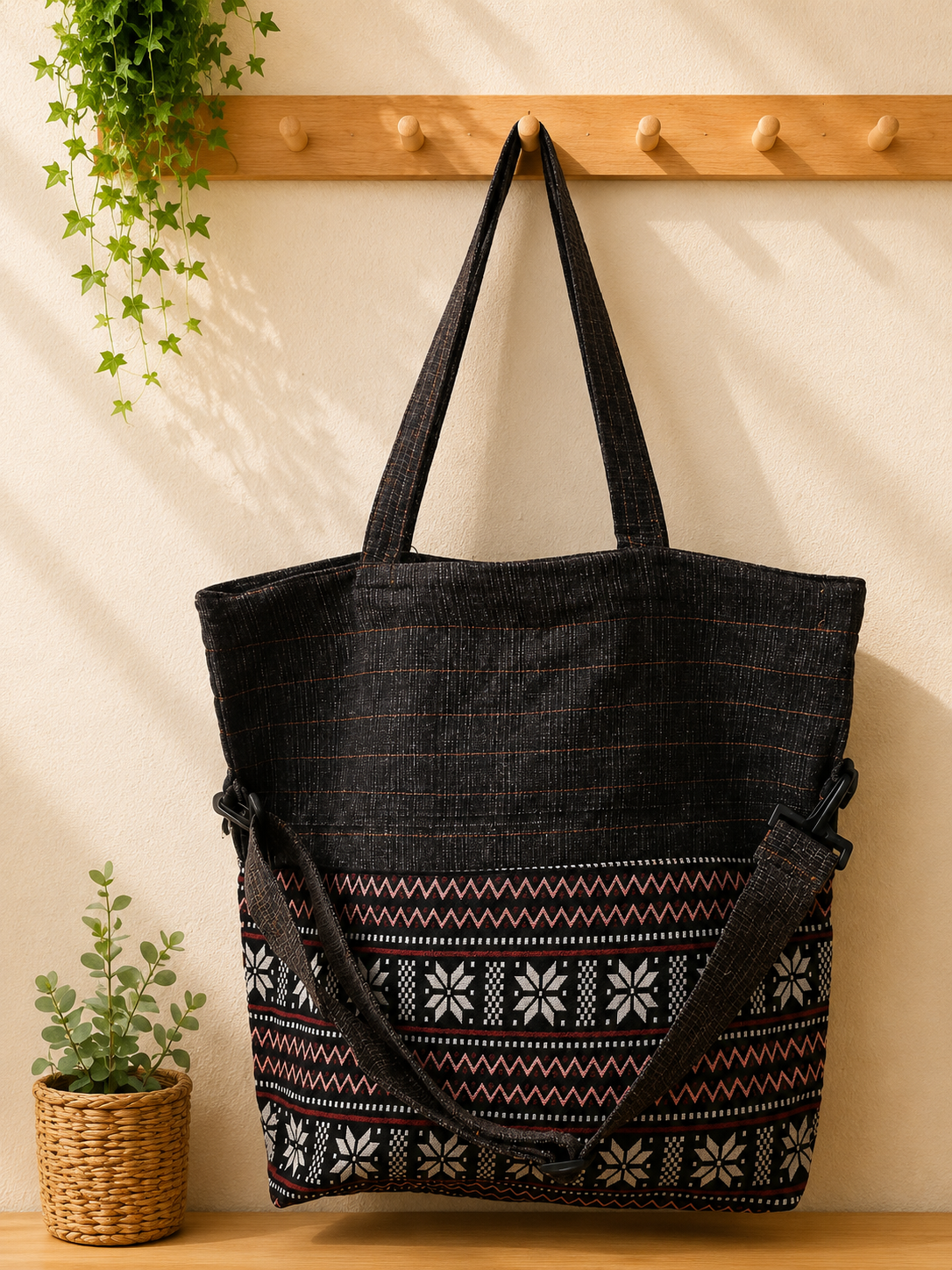 Thai Cotton Boho Tote Bag – Large 18" Convertible Shoulder & Crossbody Bag with Zipper