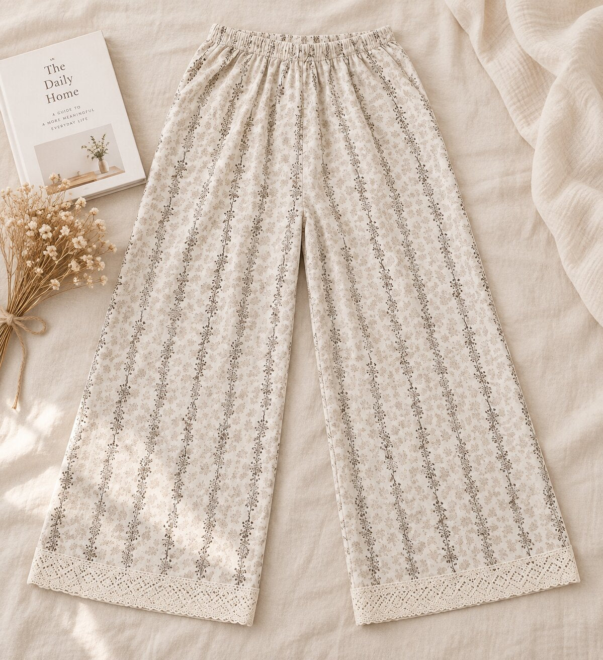 Close-up of cream crochet lace trim on LP-06 botanical pajama pants