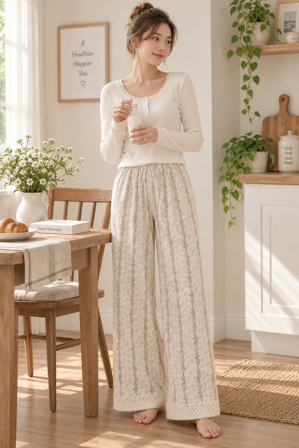 Full view of LP-06 ivory botanical stripe pajama pants with lace trim
