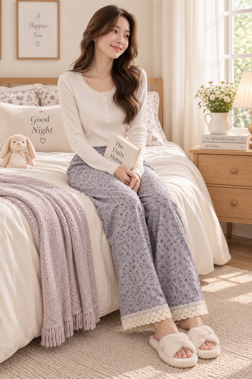Full view of LP-07 dusty gray ditsy floral pajama pants with lace trim
