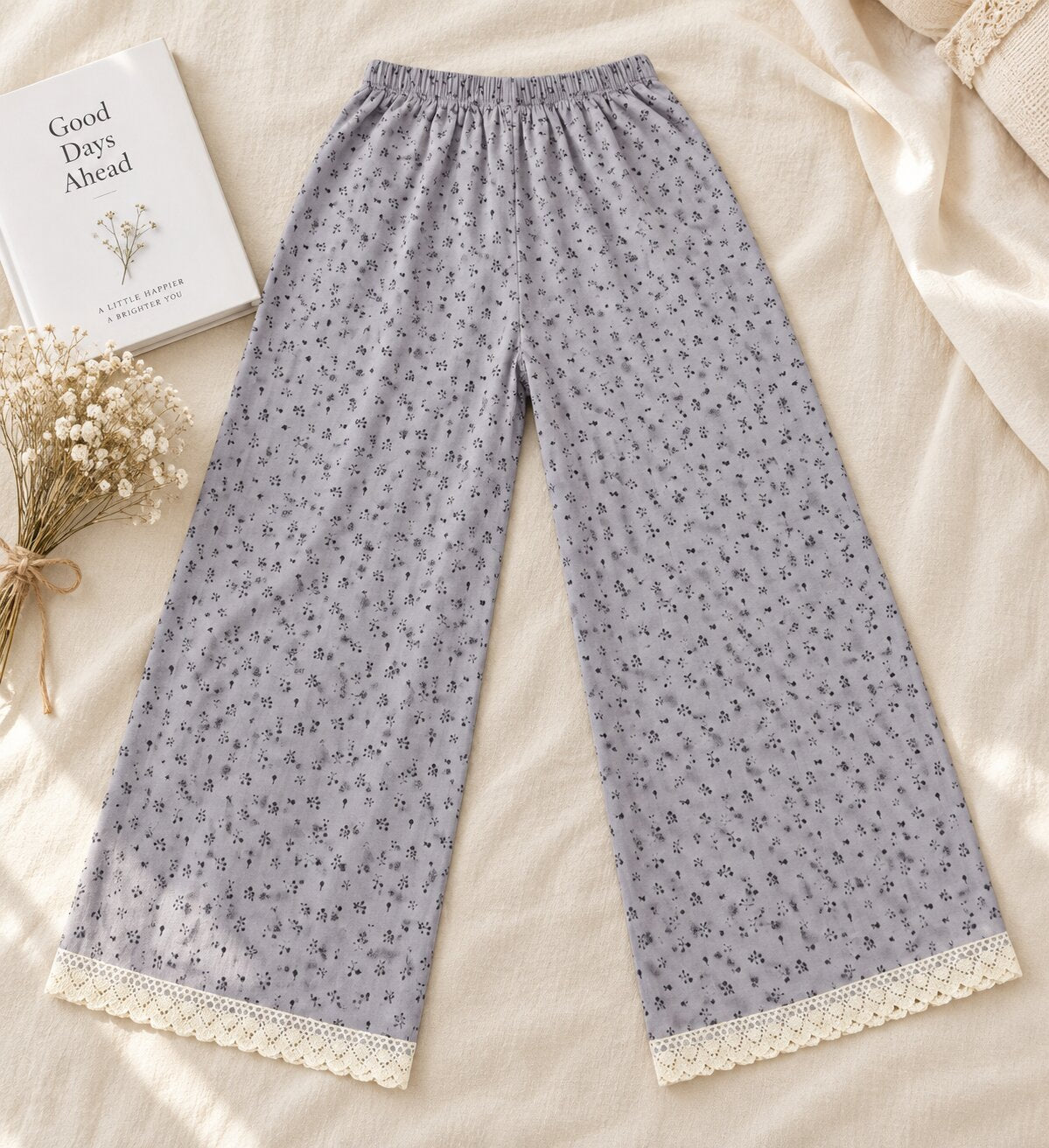 Close-up of cream crochet lace trim on LP-07 dusty gray pajama pants