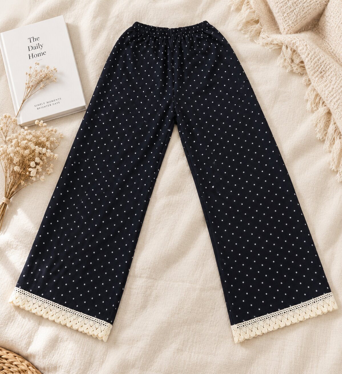 Model wearing LP-09 black polka dot straight-leg pajama pants