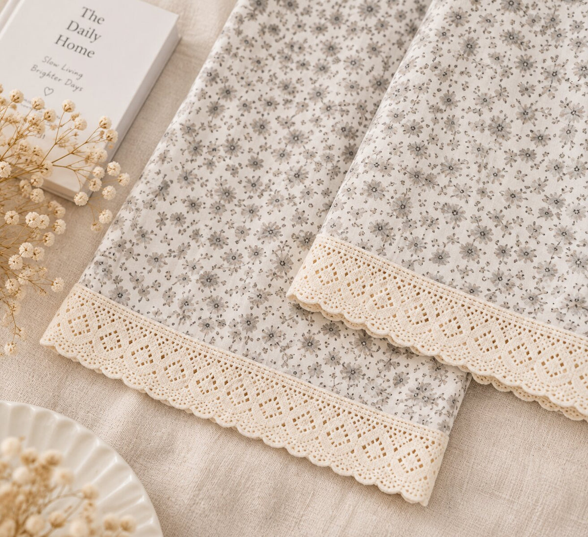Close-up of wide cream scalloped lace trim on LP-010 floral pajama pants