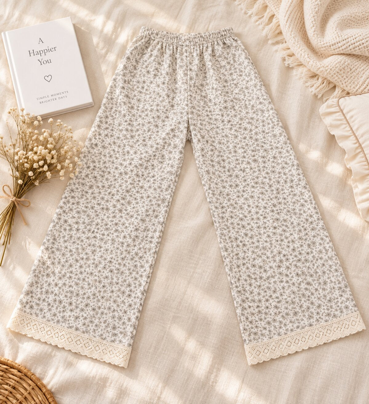 Full view of LP-010 ivory gray floral pajama pants with lace trim