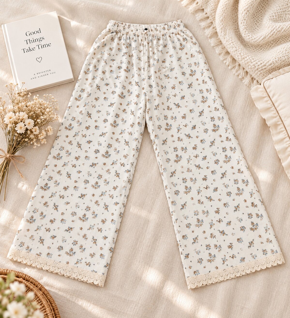 Full view of LP-11 ivory floral pajama pants with cream lace hems