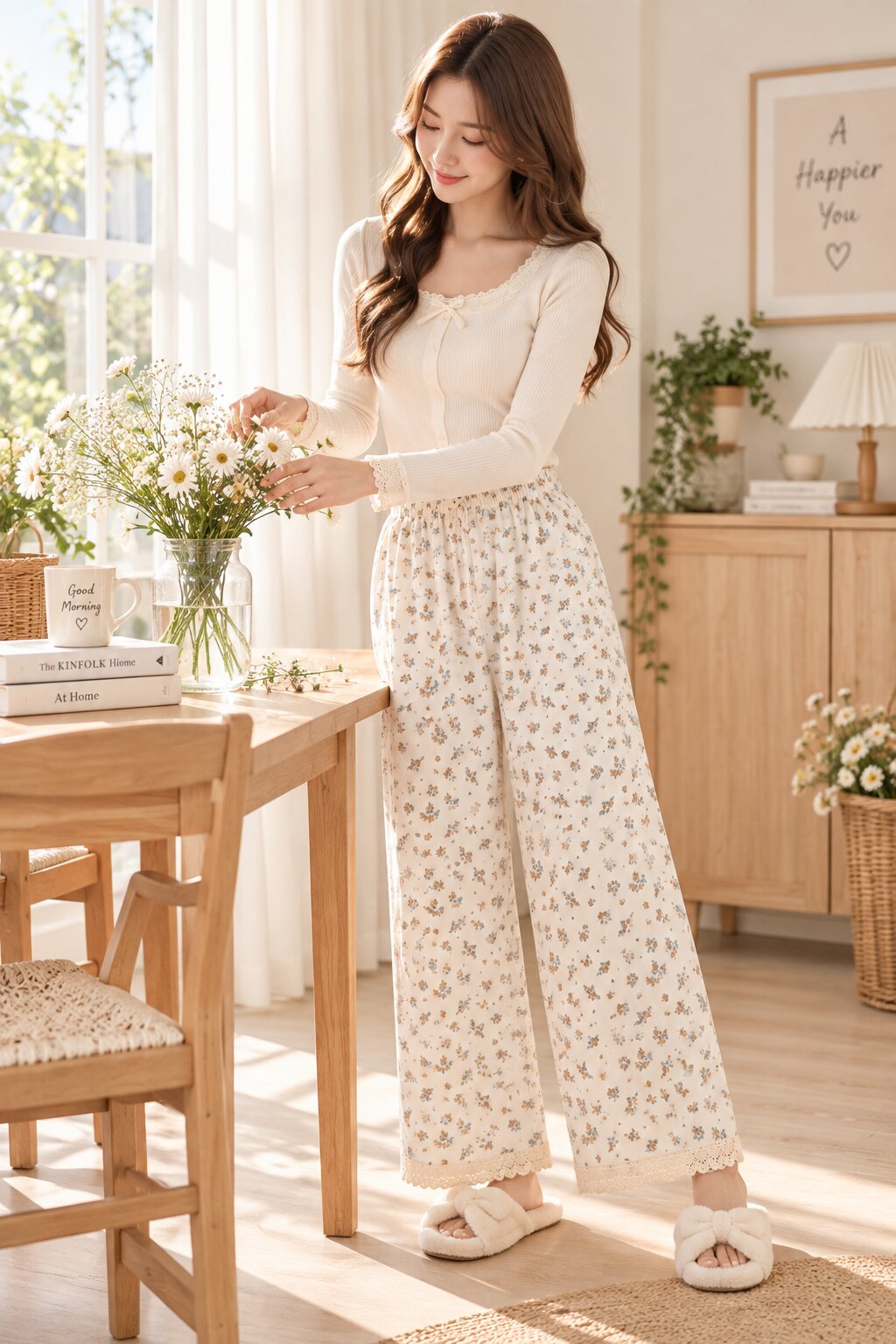 Model wearing LP-11 ivory ditsy floral straight-leg pajama pants