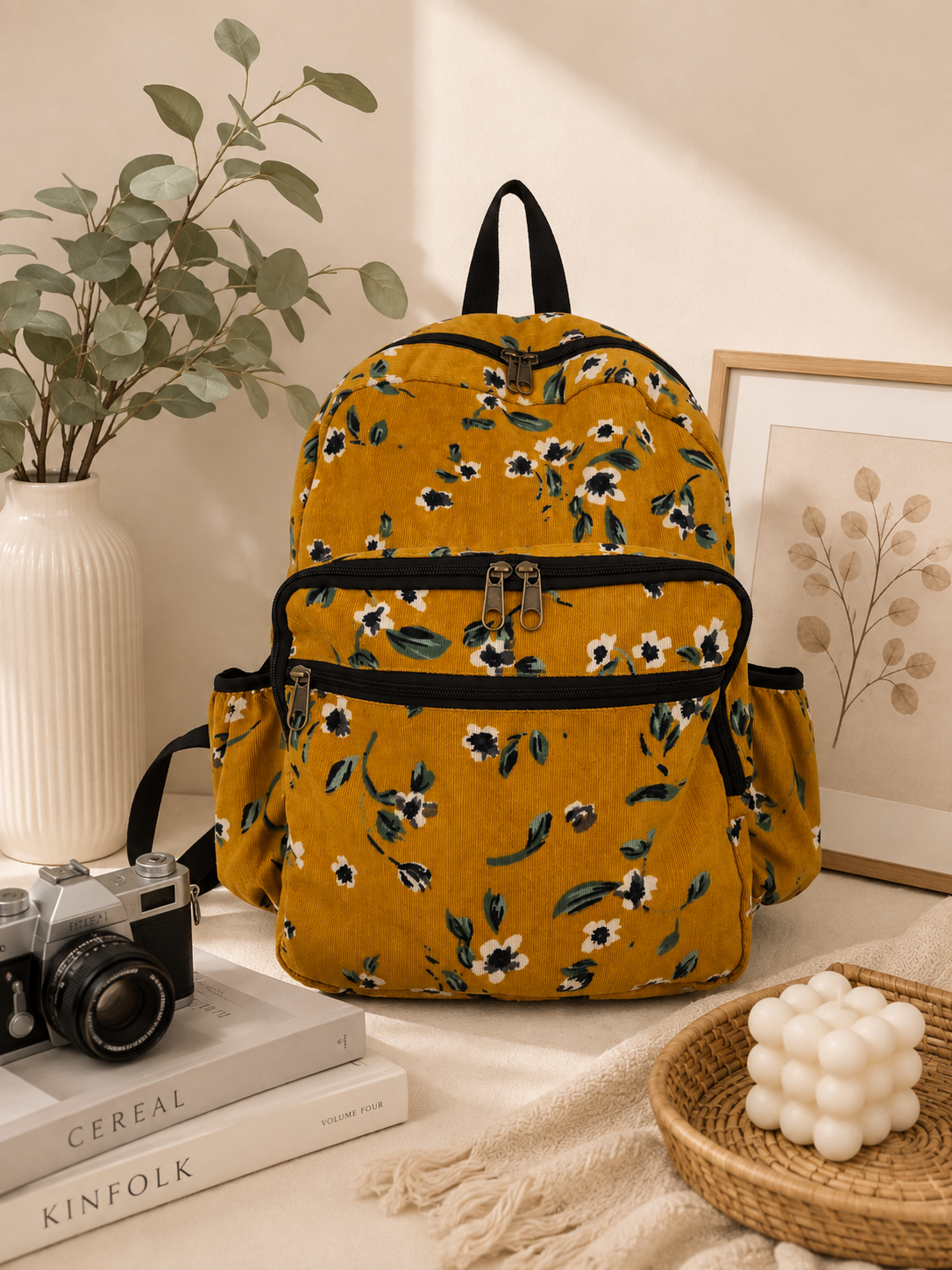 Mustard yellow floral backpack – AI product shot