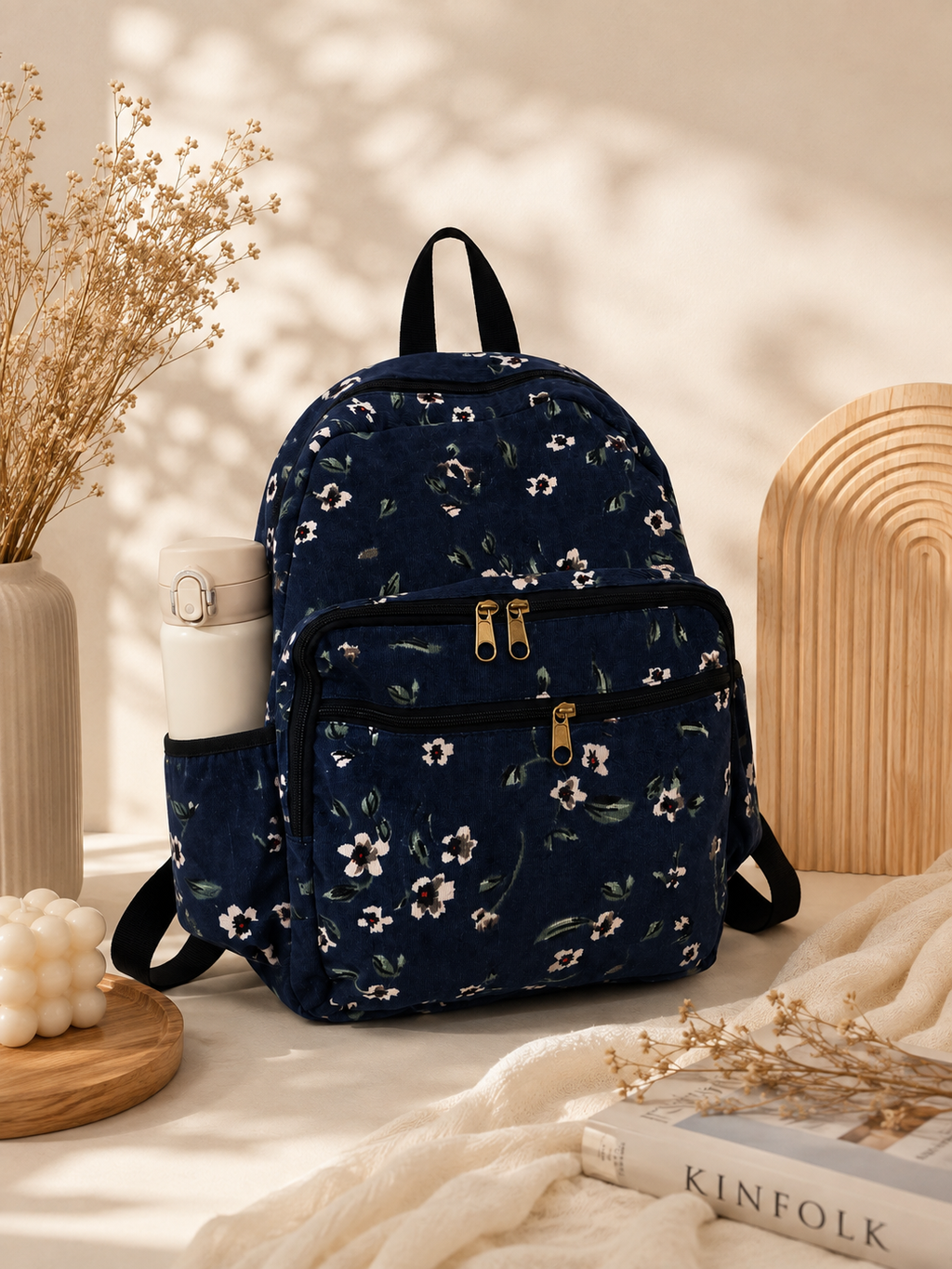 Navy floral backpack product shot