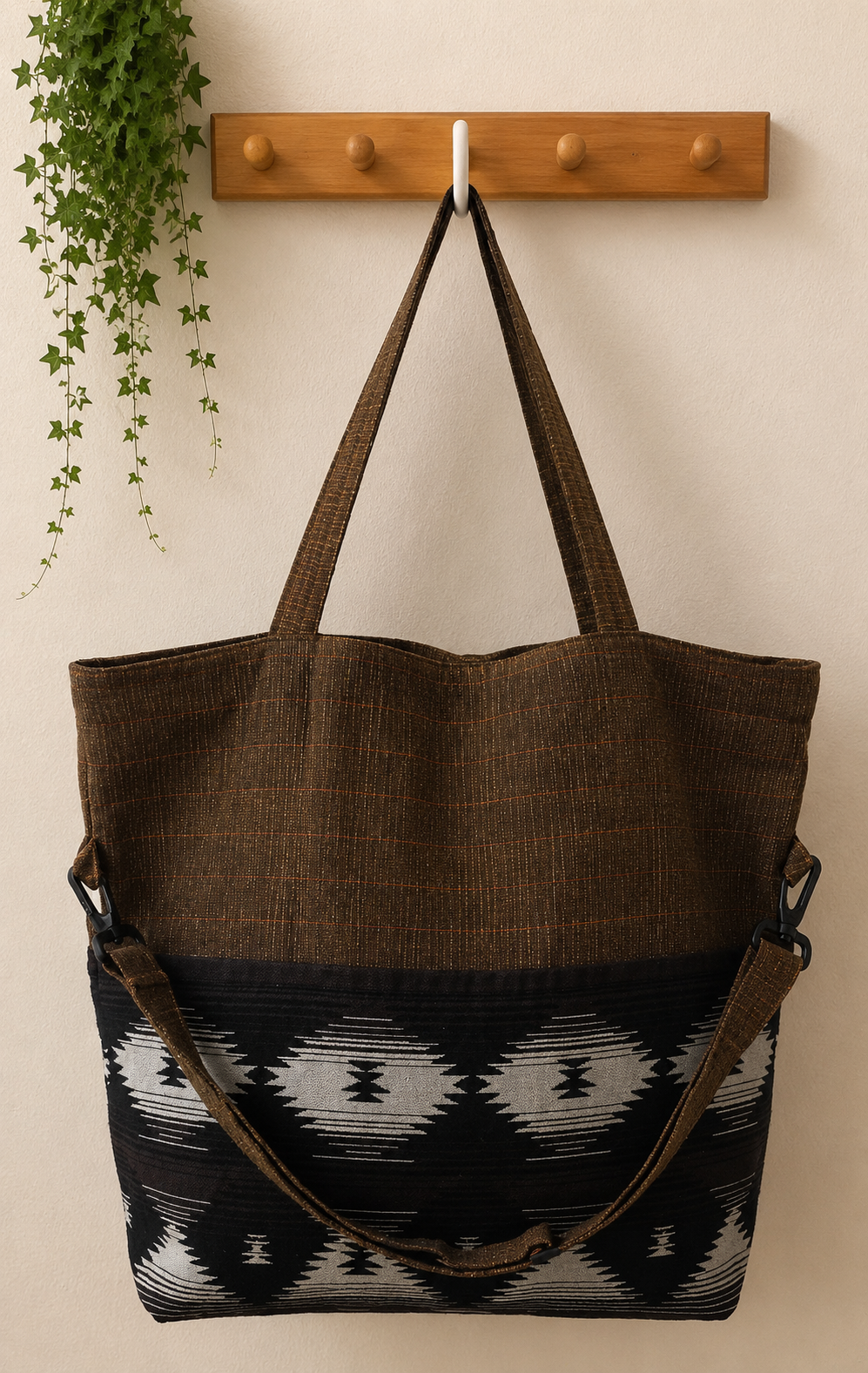 Thai cotton boho tote bag ET-07 – interior detail showing spacious black lining and zippered inner pocket with composition notebook for scale