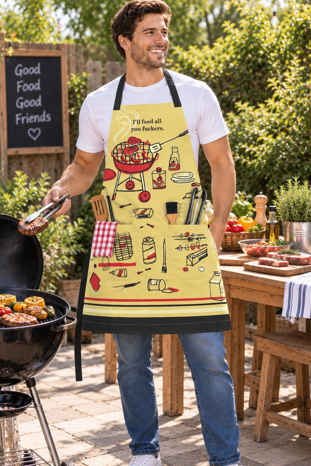 BBQ Apron with Pockets - Yellow - front view lifestyle