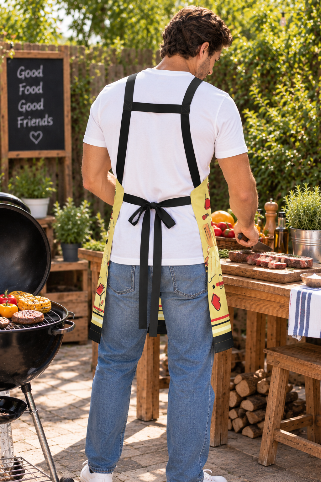 BBQ Apron with Pockets - Yellow - back view lifestyle