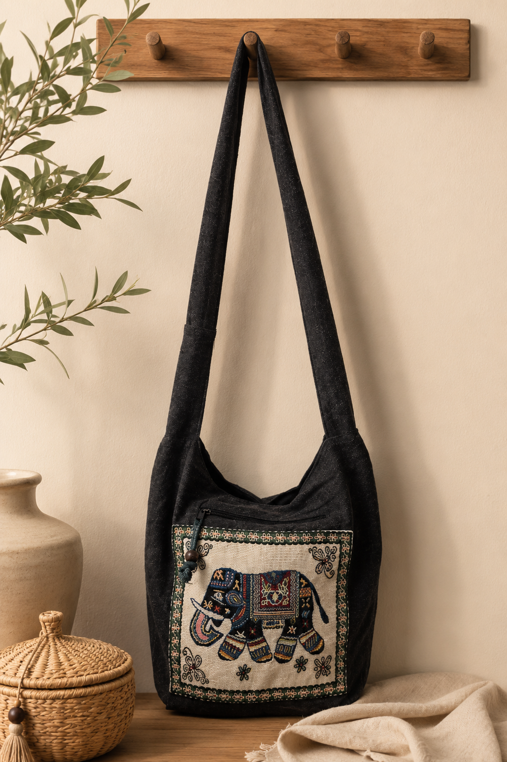 Thai Elephant Cotton Shoulder Bag – lifestyle model wearing crossbody in outdoor market
