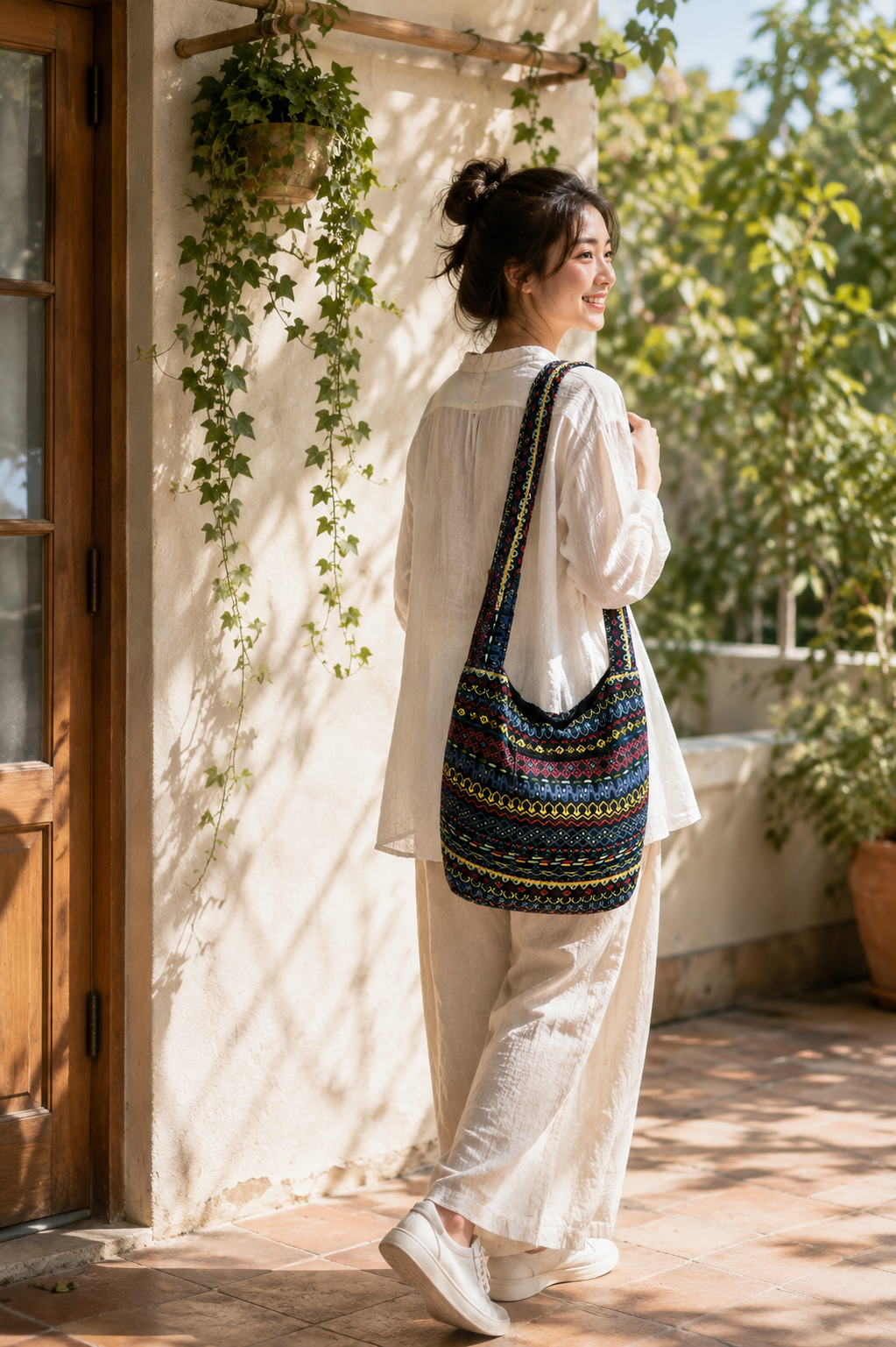 Thai woven shoulder bag BC-06 - lifestyle editorial model street style