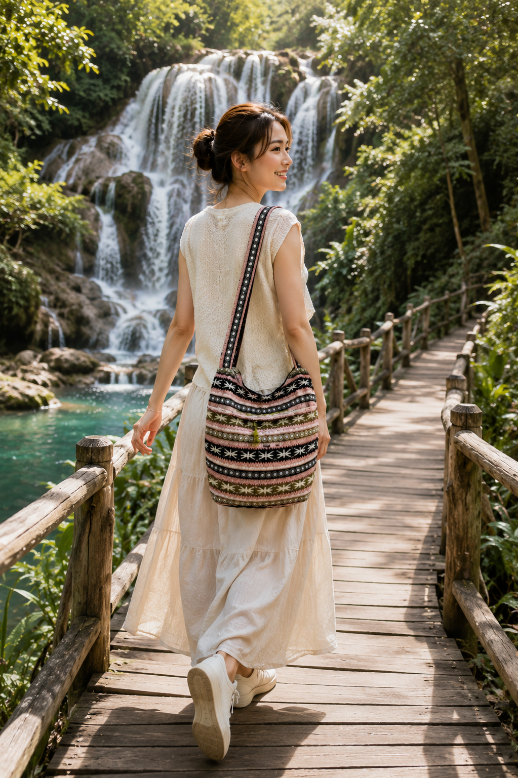 Thai woven shoulder bag BC-07 - lifestyle editorial model at waterfall bridge