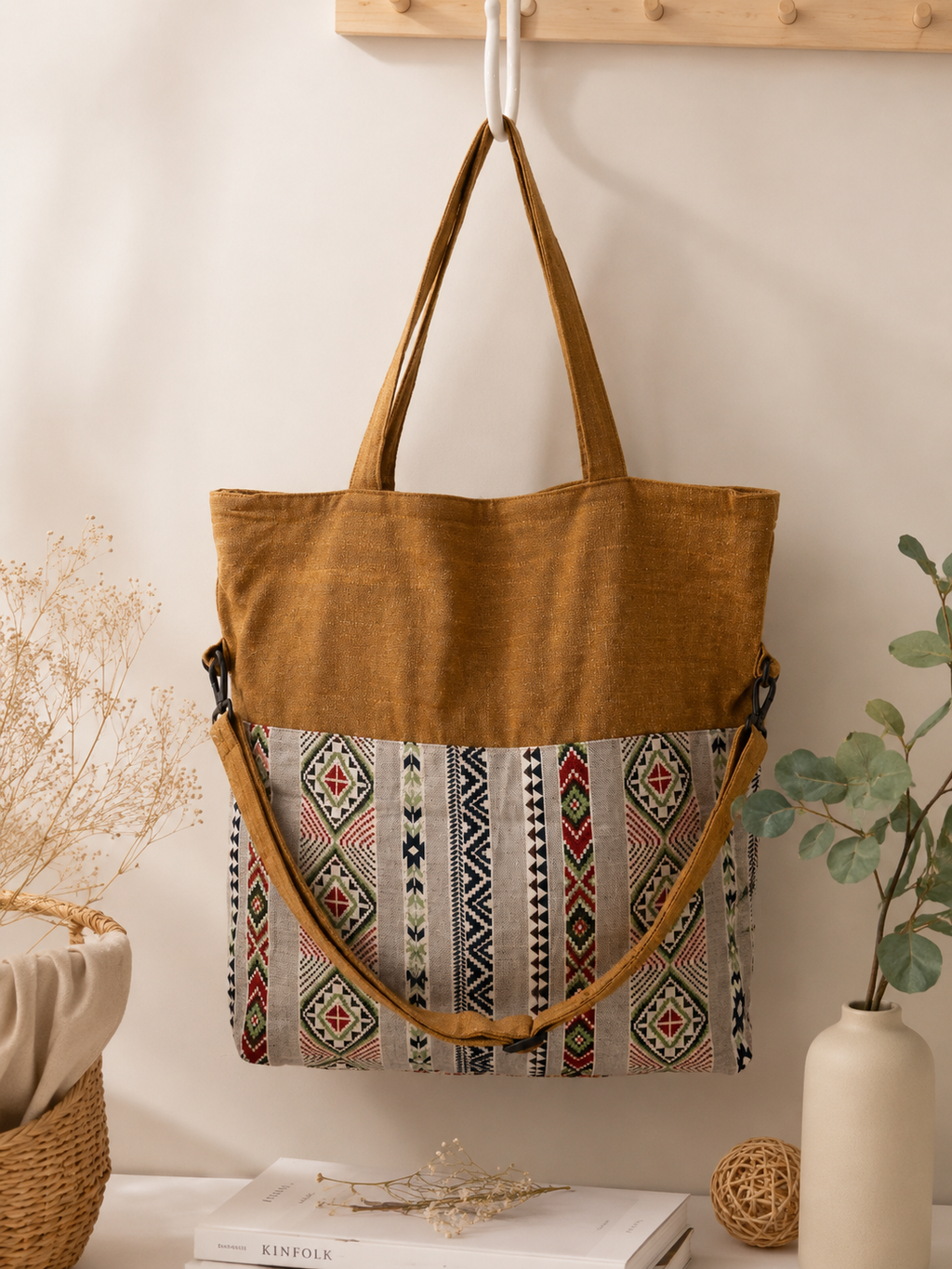 Thai Cotton Boho Tote Bag – Large 18" Convertible Shoulder & Crossbody Bag with Zipper