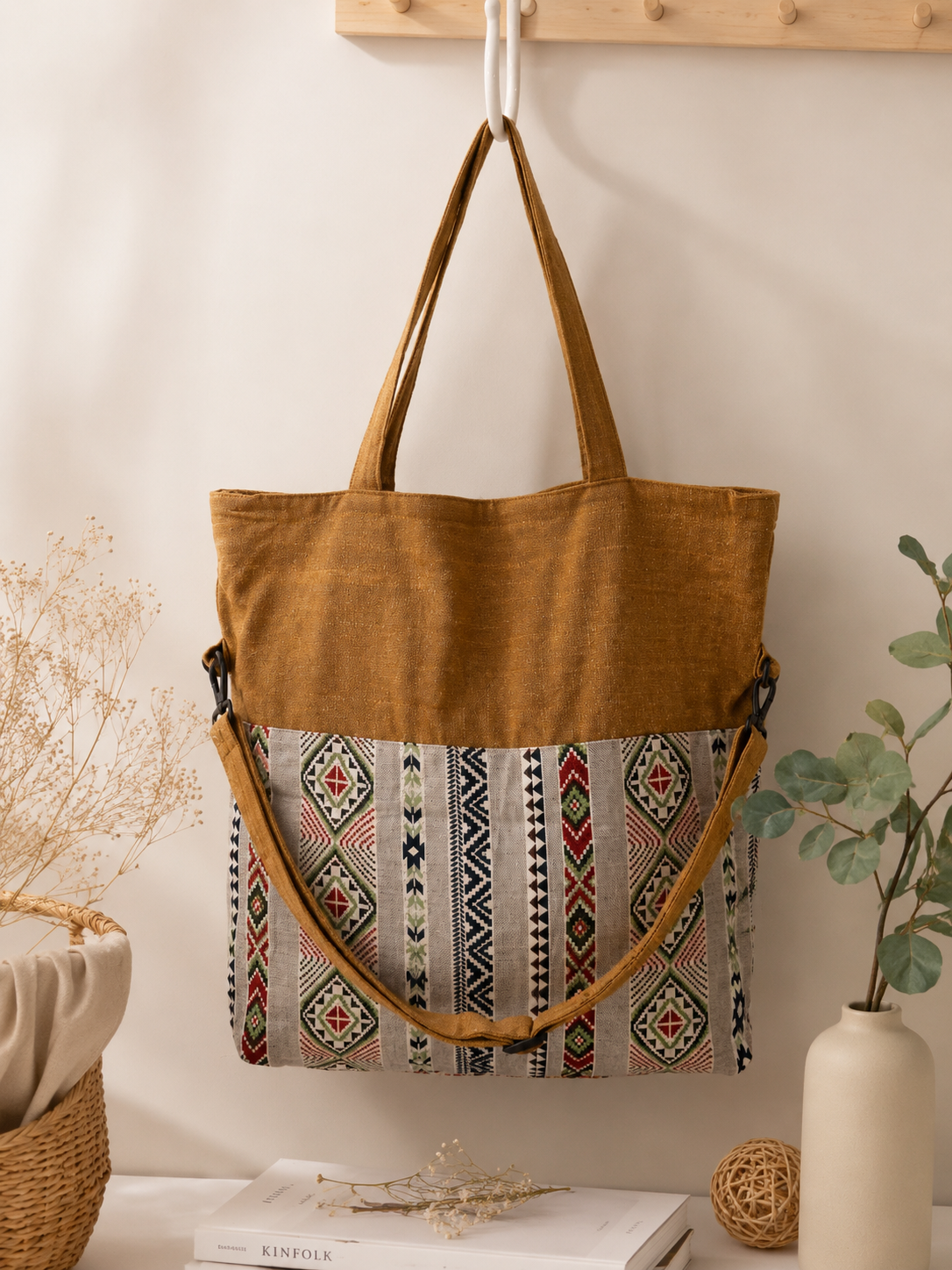 Thai Cotton Boho Tote Bag – Large 18" Convertible Shoulder & Crossbody Bag with Zipper