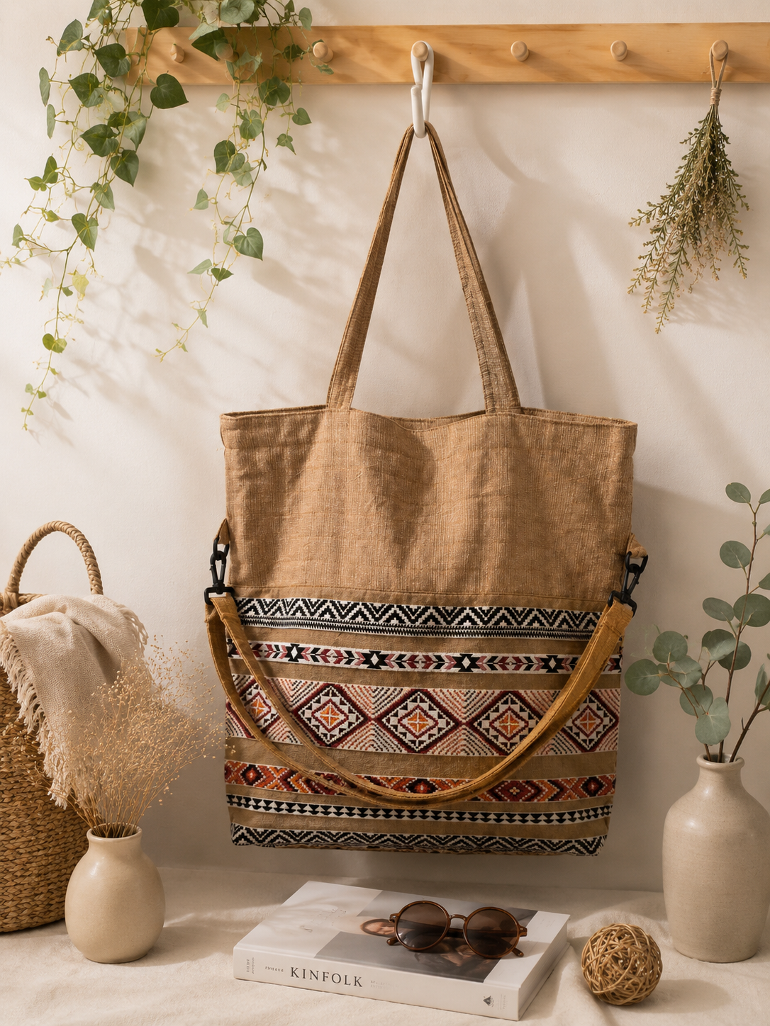 Thai Cotton Boho Tote Bag – Large 18" Convertible Shoulder & Crossbody Bag with Zipper