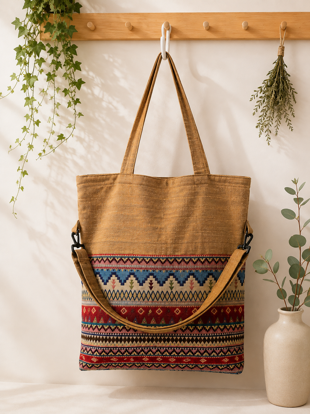 Thai Cotton Boho Tote Bag – Large 18" Convertible Shoulder & Crossbody Bag with Zipper