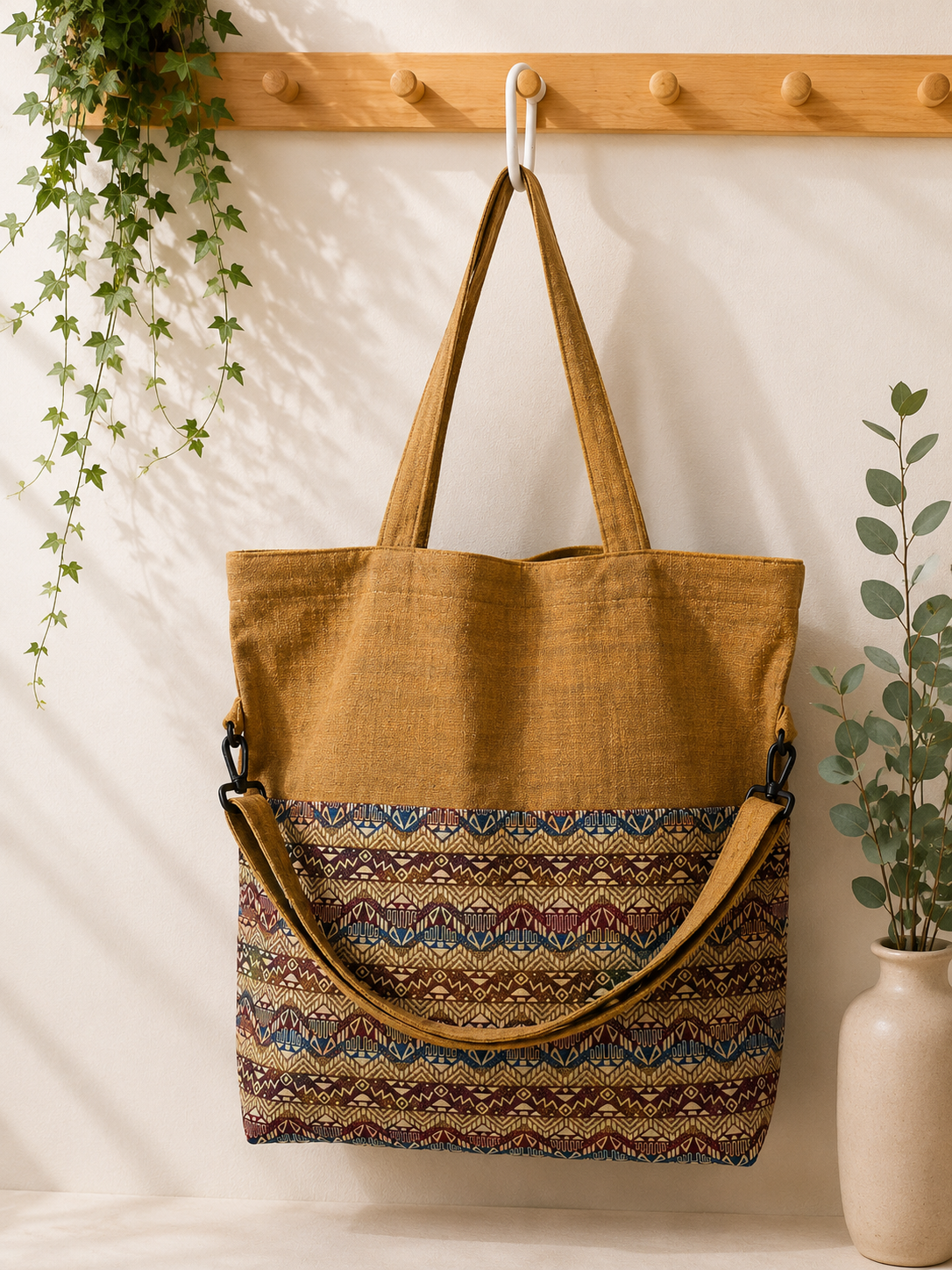 Thai Cotton Boho Tote Bag – Large 18" Convertible Shoulder & Crossbody Bag with Zipper