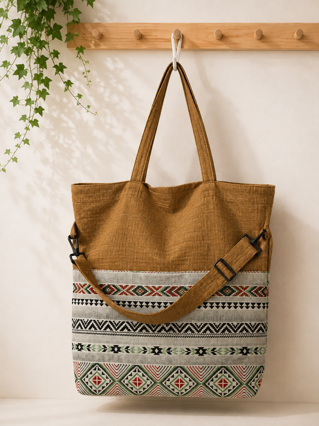 Thai Cotton Boho Tote Bag – Large 18" Convertible Shoulder & Crossbody Bag with Zipper