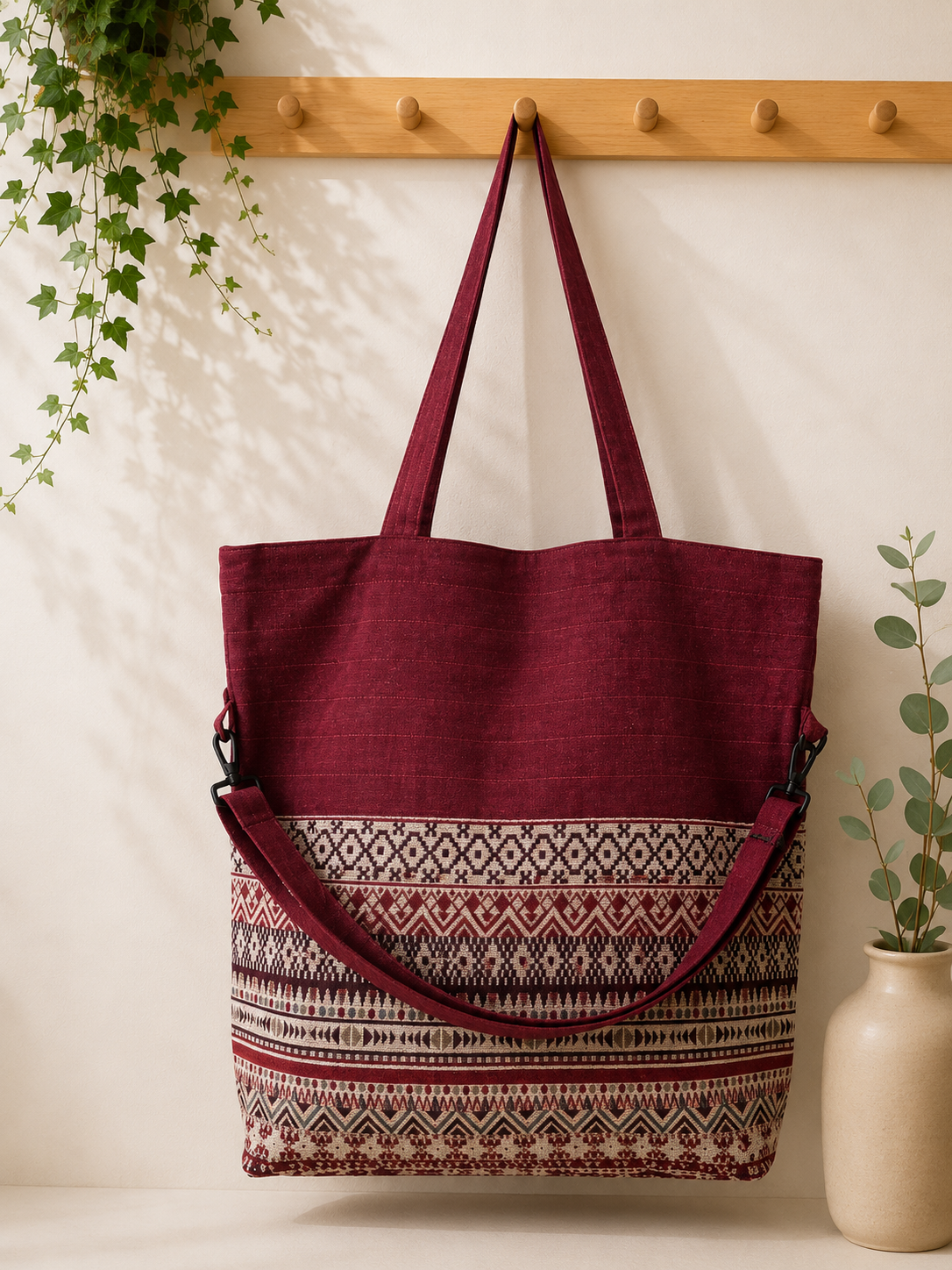 Thai Cotton Boho Tote Bag – Large 18" Convertible Shoulder & Crossbody Bag with Zipper