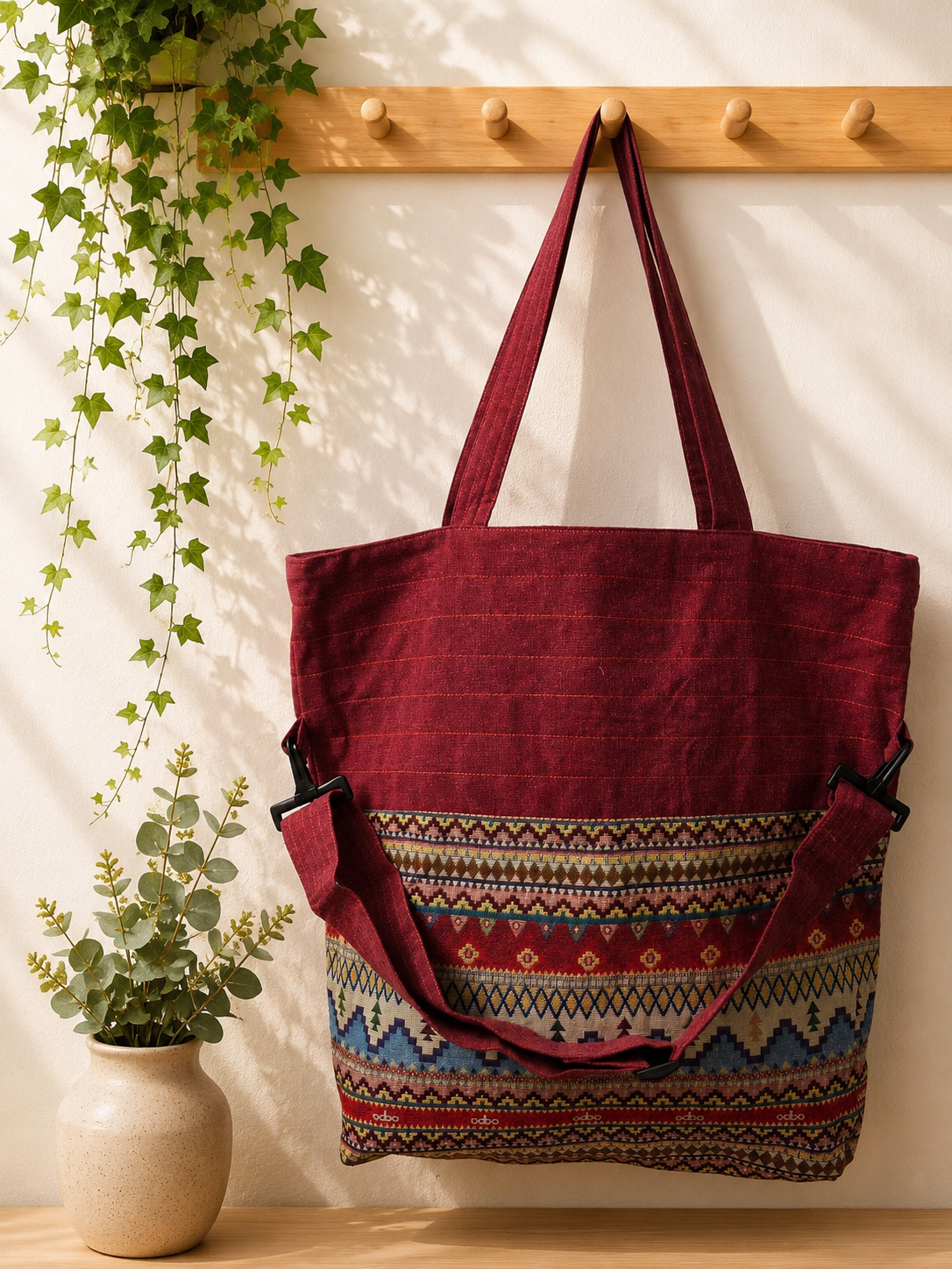 Thai Cotton Boho Tote Bag – Large 18" Convertible Shoulder & Crossbody Bag with Zipper