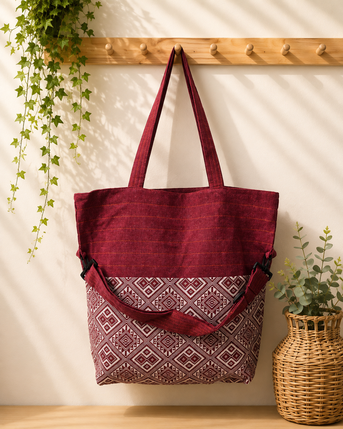 Thai Cotton Boho Tote Bag – Large 18" Convertible Shoulder & Crossbody Bag with Zipper