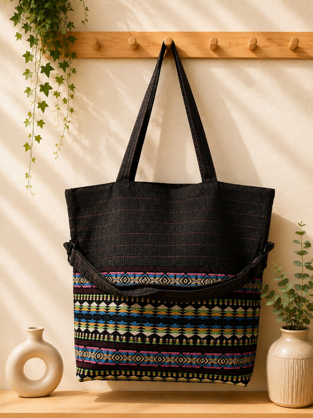 Thai Cotton Boho Tote Bag – Large 18" Convertible Shoulder & Crossbody Bag with Zipper