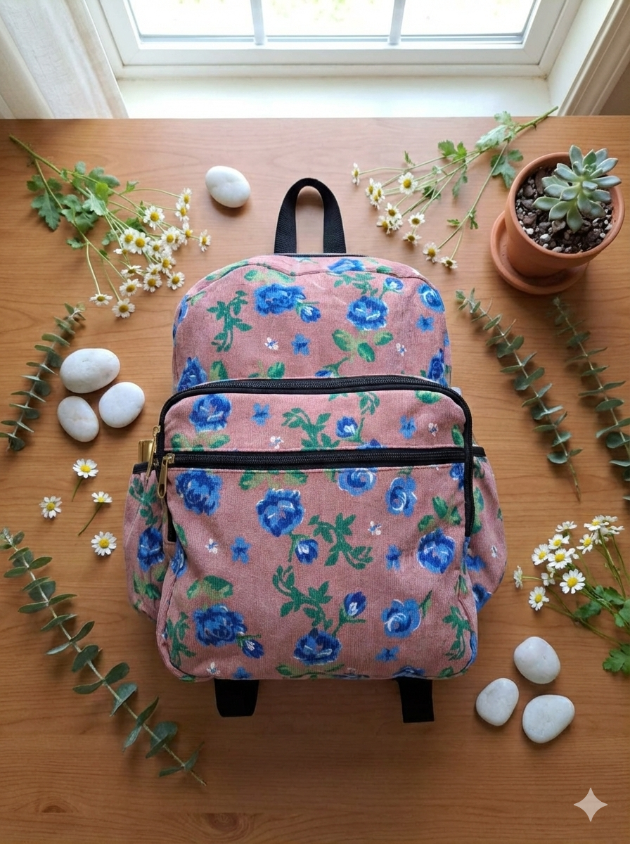 Dusty Pink Floral Backpack – Blue Rose Print | Corduroy School & Travel Bag